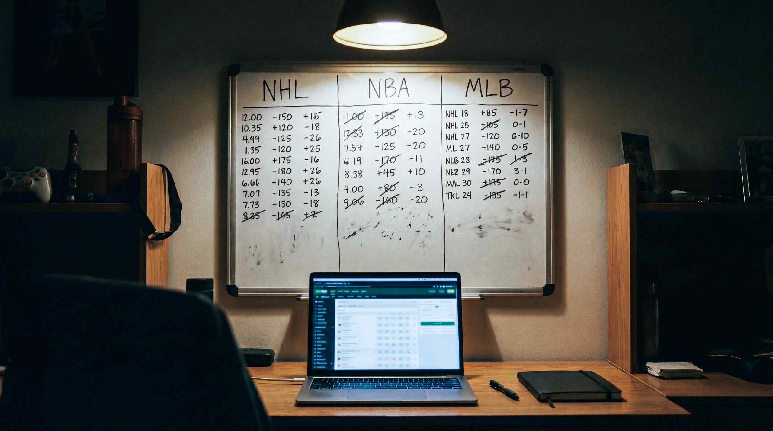 A whiteboard with various NHL, NBA and MLB odds along with a laptop.